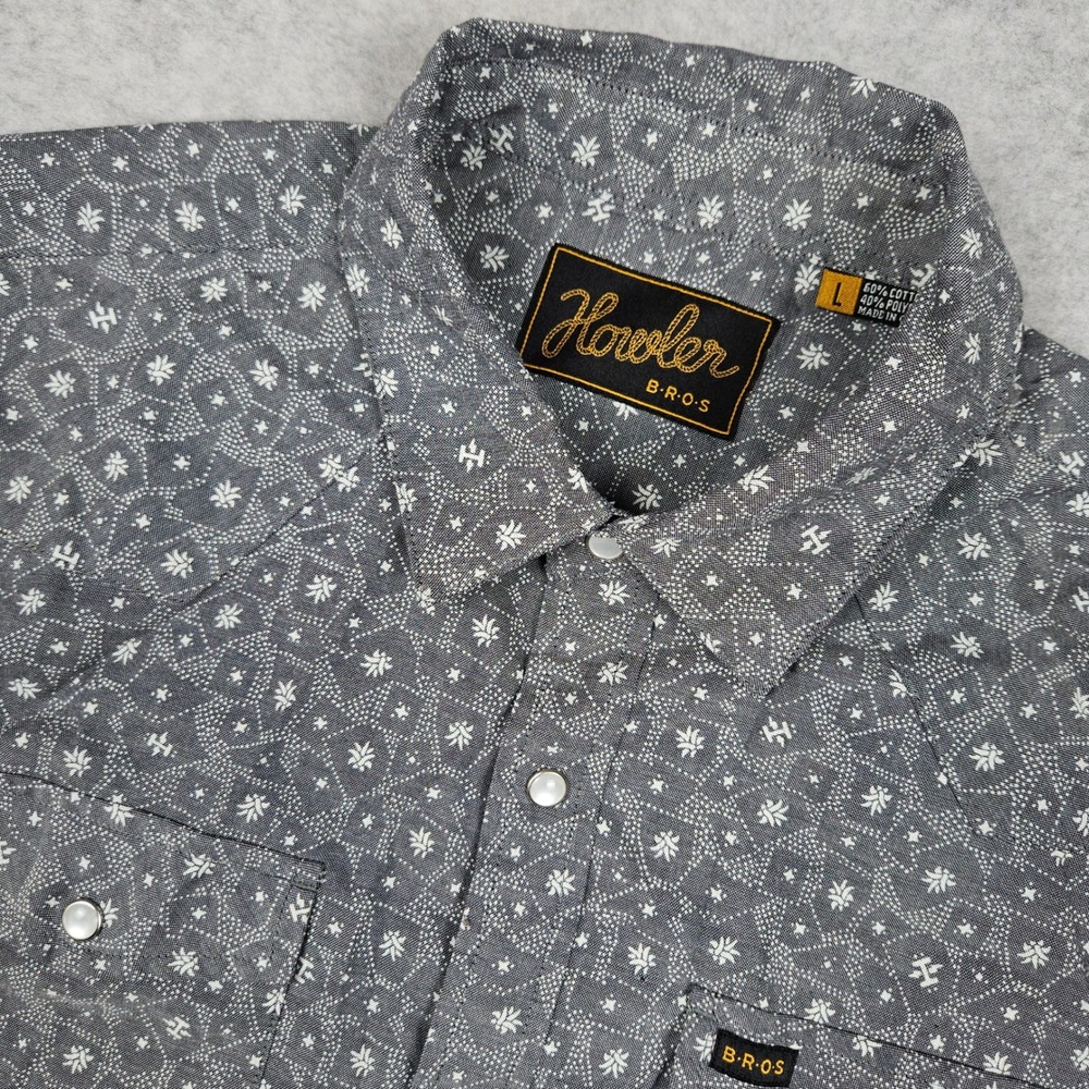 Howler Bros H Bar B Mens Large Gray Short Sleeve Pearl Snap Western Gaucho Shirt